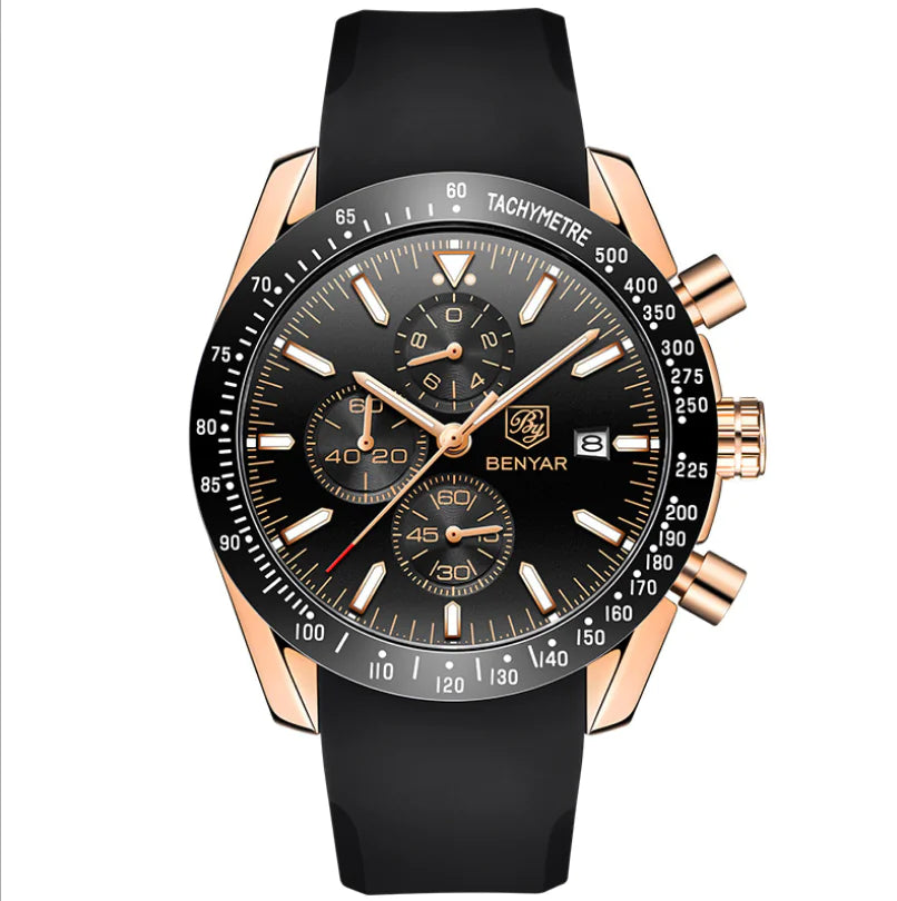 Benyar Waterproof Quartz Men's Watch with Steel Band